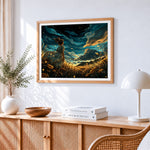 Girl in starry wheat field paint by numbers artwork displayed on wall as home decor