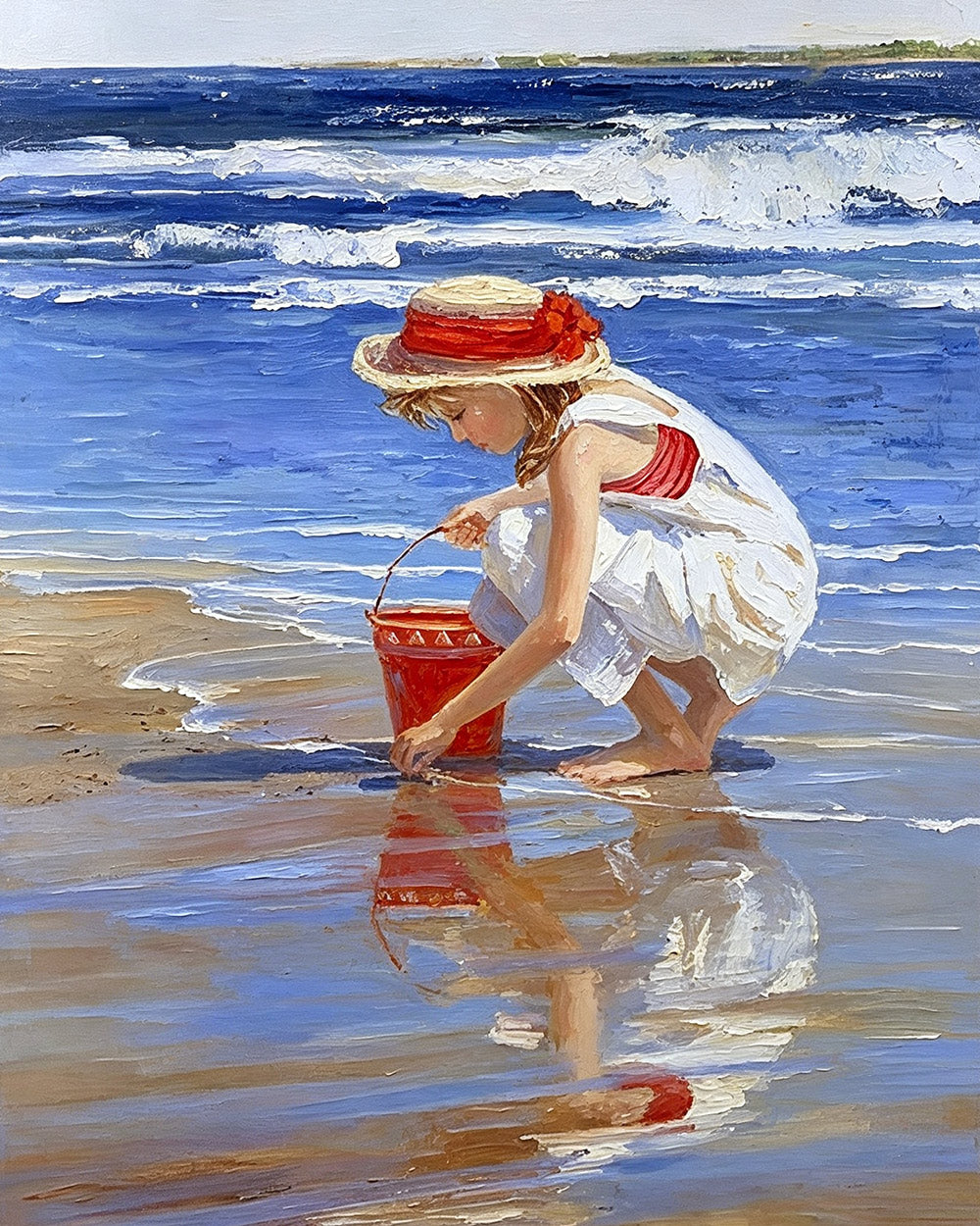 Girl on beach with red bucket cross stitch kit for beginners