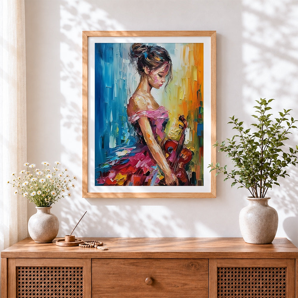 Finished girl playing violin cross stitch artwork displayed
