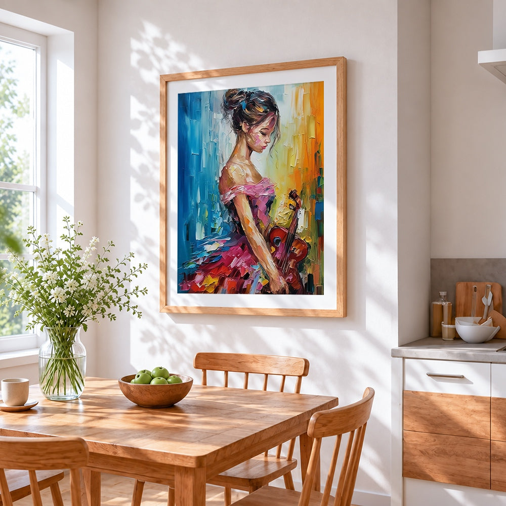 Girl playing violin cross stitch artwork displayed on wall as home decor