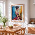 Girl playing violin cross stitch artwork displayed on wall as home decor