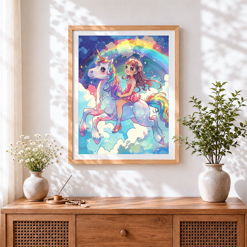 Finished girl riding rainbow unicorn cross stitch artwork displayed