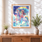 Finished girl riding rainbow unicorn cross stitch artwork displayed