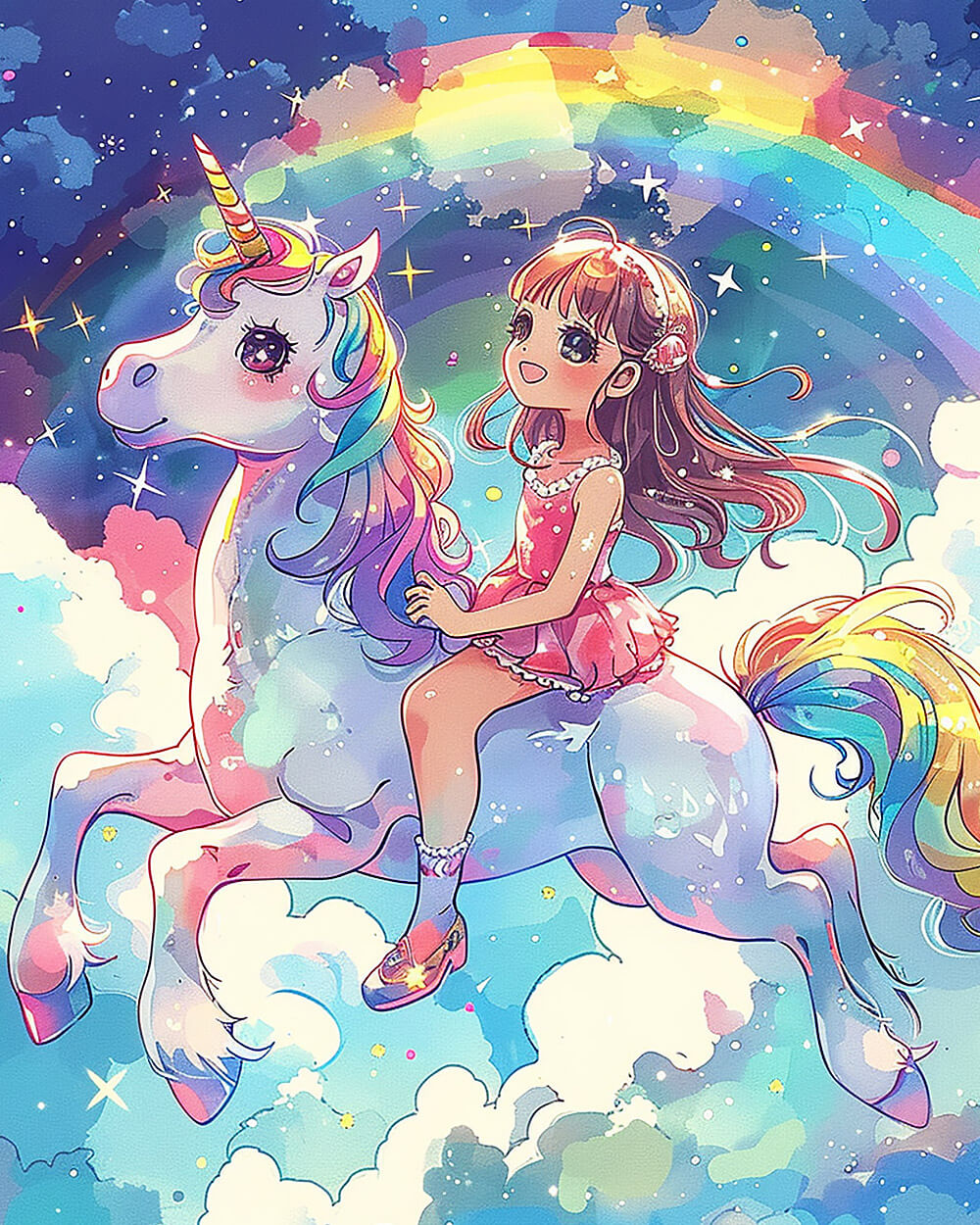 Girl riding rainbow unicorn cross stitch kit for beginners
