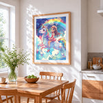 Girl riding rainbow unicorn cross stitch artwork displayed on wall as home decor