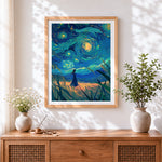 Finished girl under starry night sky cross stitch artwork displayed
