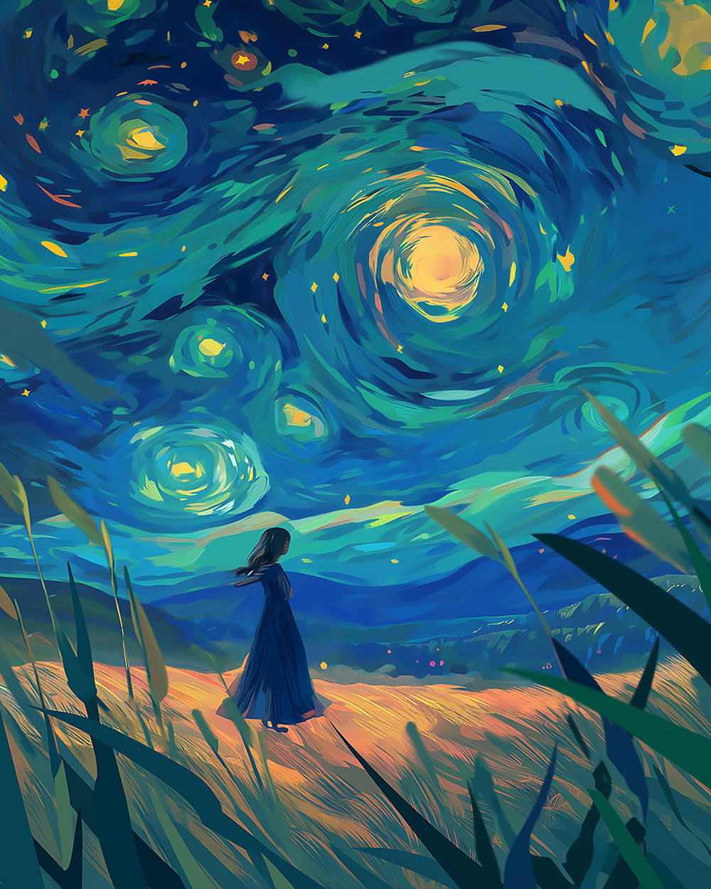Girl under starry night sky cross stitch kit for beginners