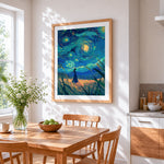 Girl under starry night sky cross stitch artwork displayed on wall as home decor