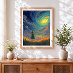 Finished girl watching swirling starry sky cross stitch artwork displayed