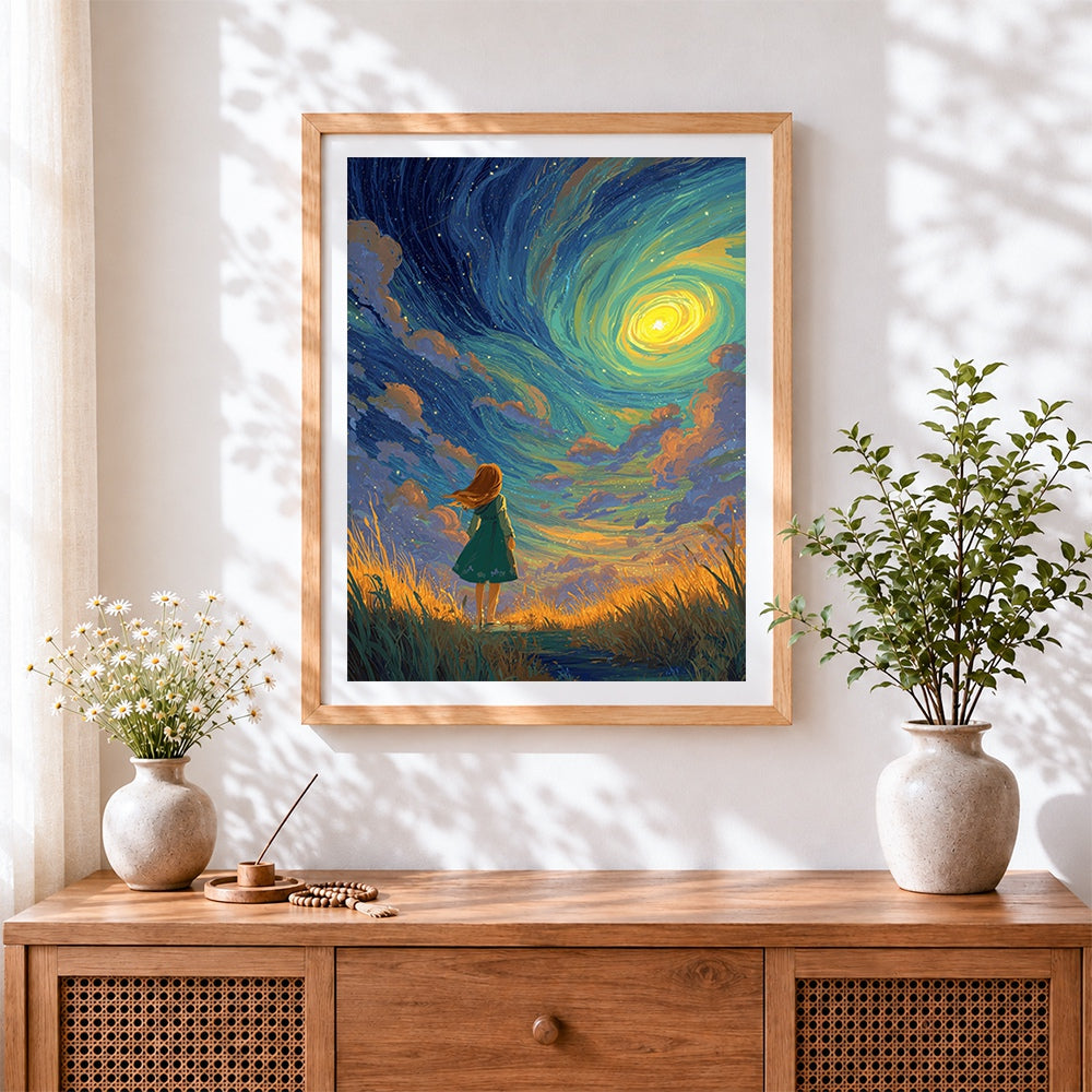 Finished girl watching swirling starry sky cross stitch artwork displayed