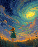 Girl watching swirling starry sky cross stitch kit for beginners