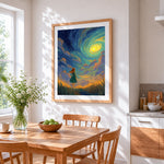 Girl watching swirling starry sky cross stitch artwork displayed on wall as home decor