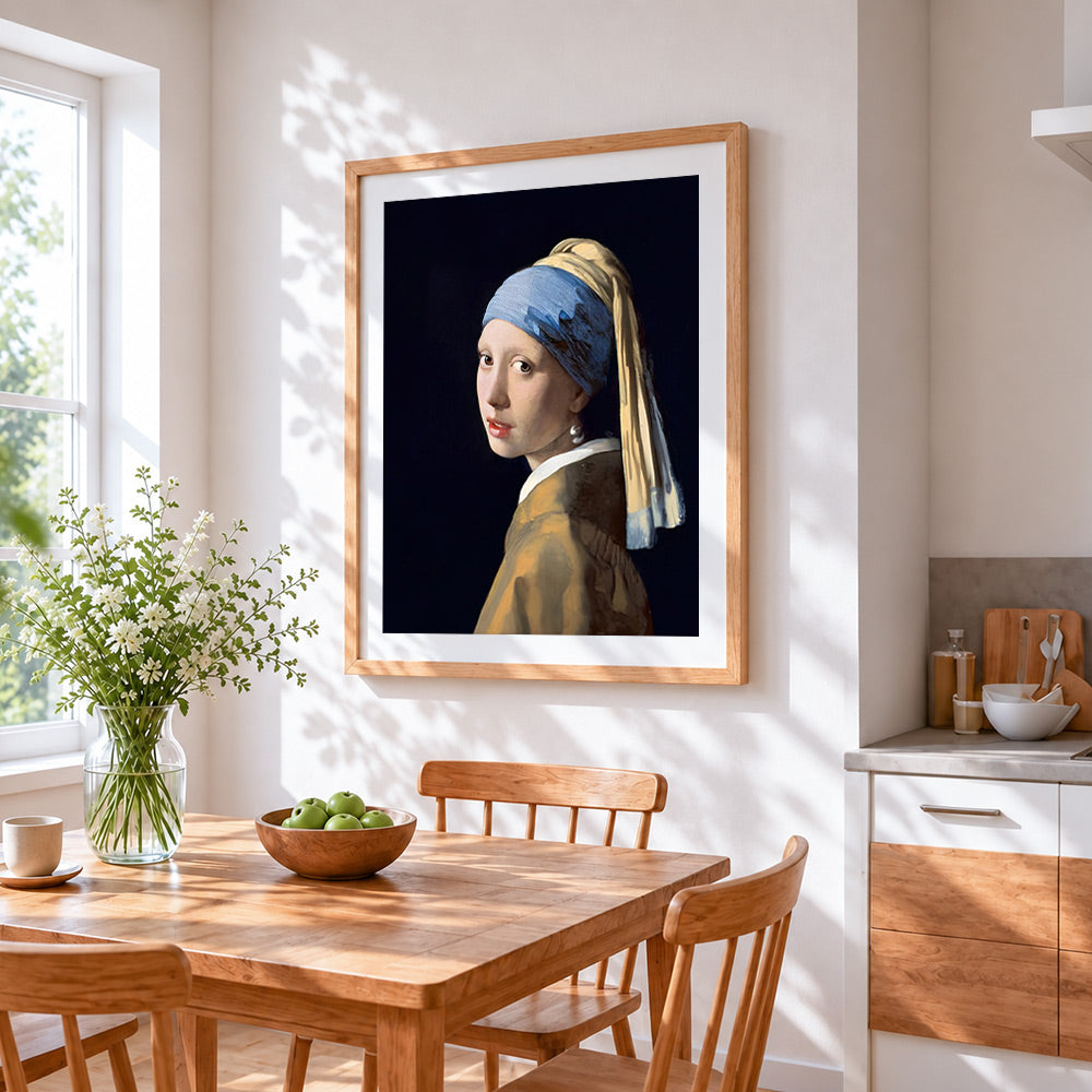 Girl with a pearl earring cross stitch artwork displayed on wall as home decor