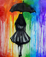 Girl with black umbrella in rainbow rain cross stitch kit for beginners