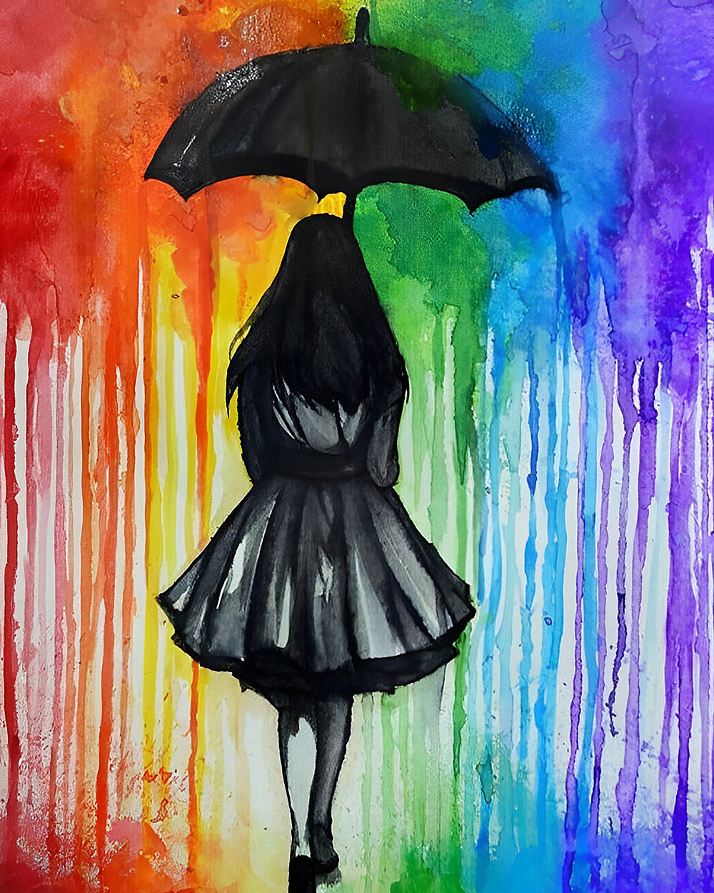 Girl with black umbrella in rainbow rain cross stitch kit for beginners