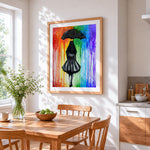 Girl with black umbrella in rainbow rain cross stitch artwork displayed on wall as home decor