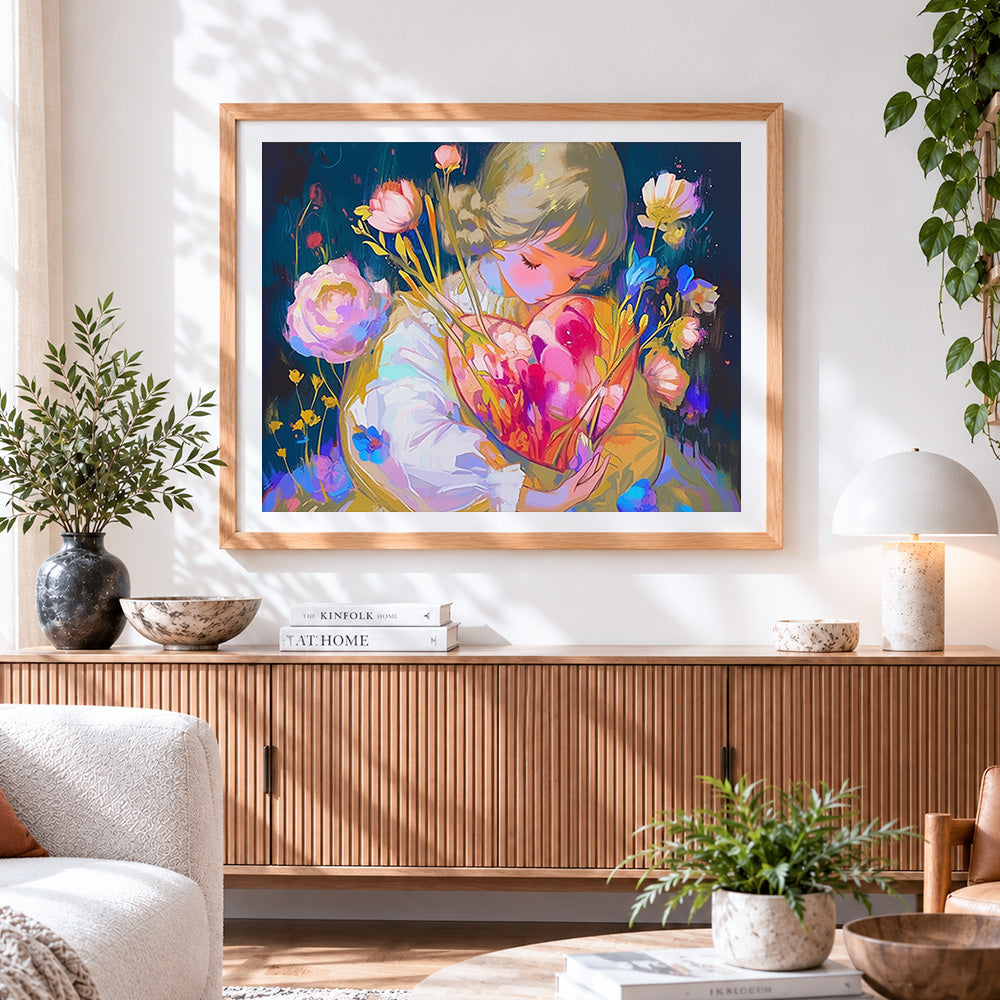 Finished girl with heart and flowers cross stitch artwork displayed