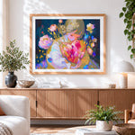 Finished girl with heart and flowers cross stitch artwork displayed
