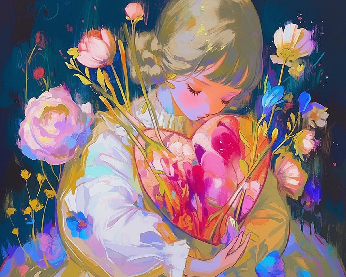 Girl with heart and flowers cross stitch kit for beginners