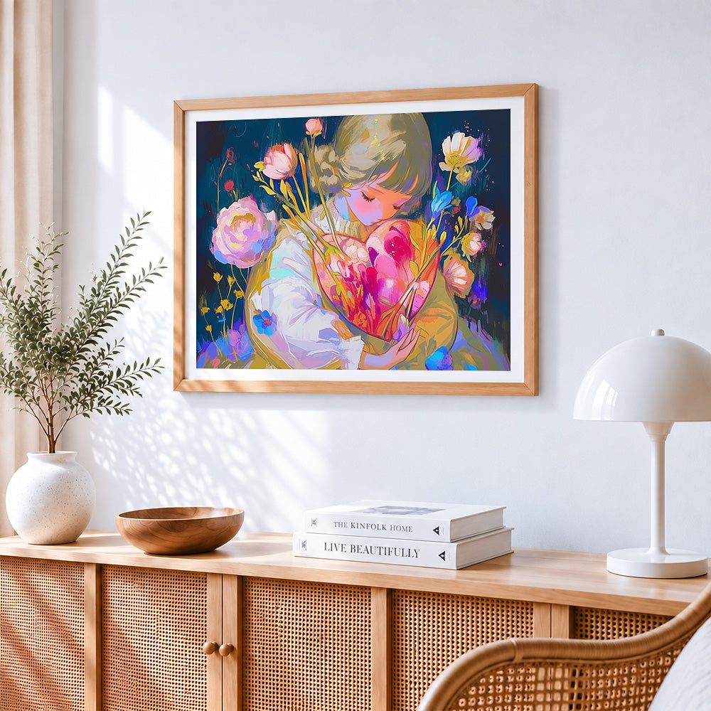 Girl with heart and flowers paint by numbers artwork displayed on wall as home decor