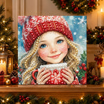Finished girl with hot christmas drink pearl diamond painting artwork displayed as holiday home decor