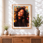 Finished girl with vibrant curly hair cross stitch artwork displayed