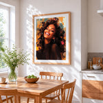 Girl with vibrant curly hair cross stitch artwork displayed on wall as home decor