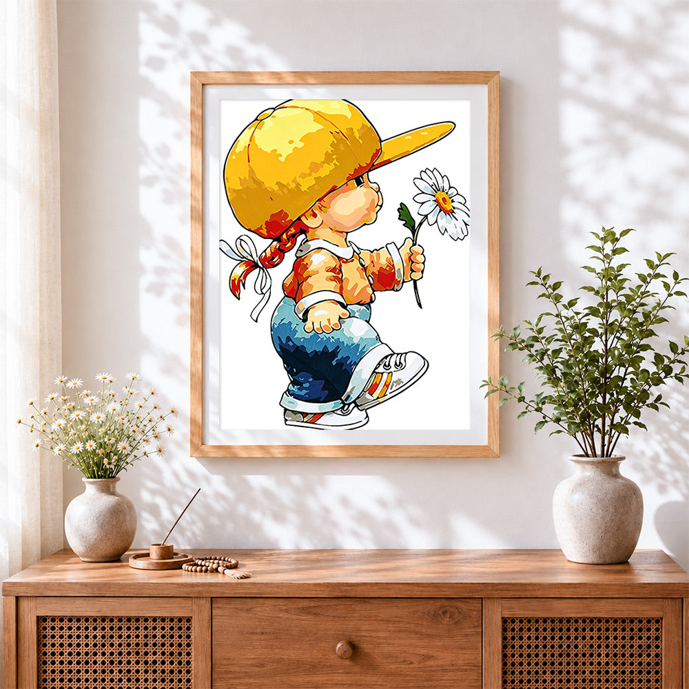 Finished girl with yellow hat and daisy cross stitch artwork displayed
