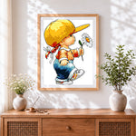 Finished girl with yellow hat and daisy cross stitch artwork displayed