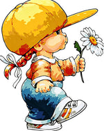 Girl with yellow hat and daisy cross stitch kit for beginners