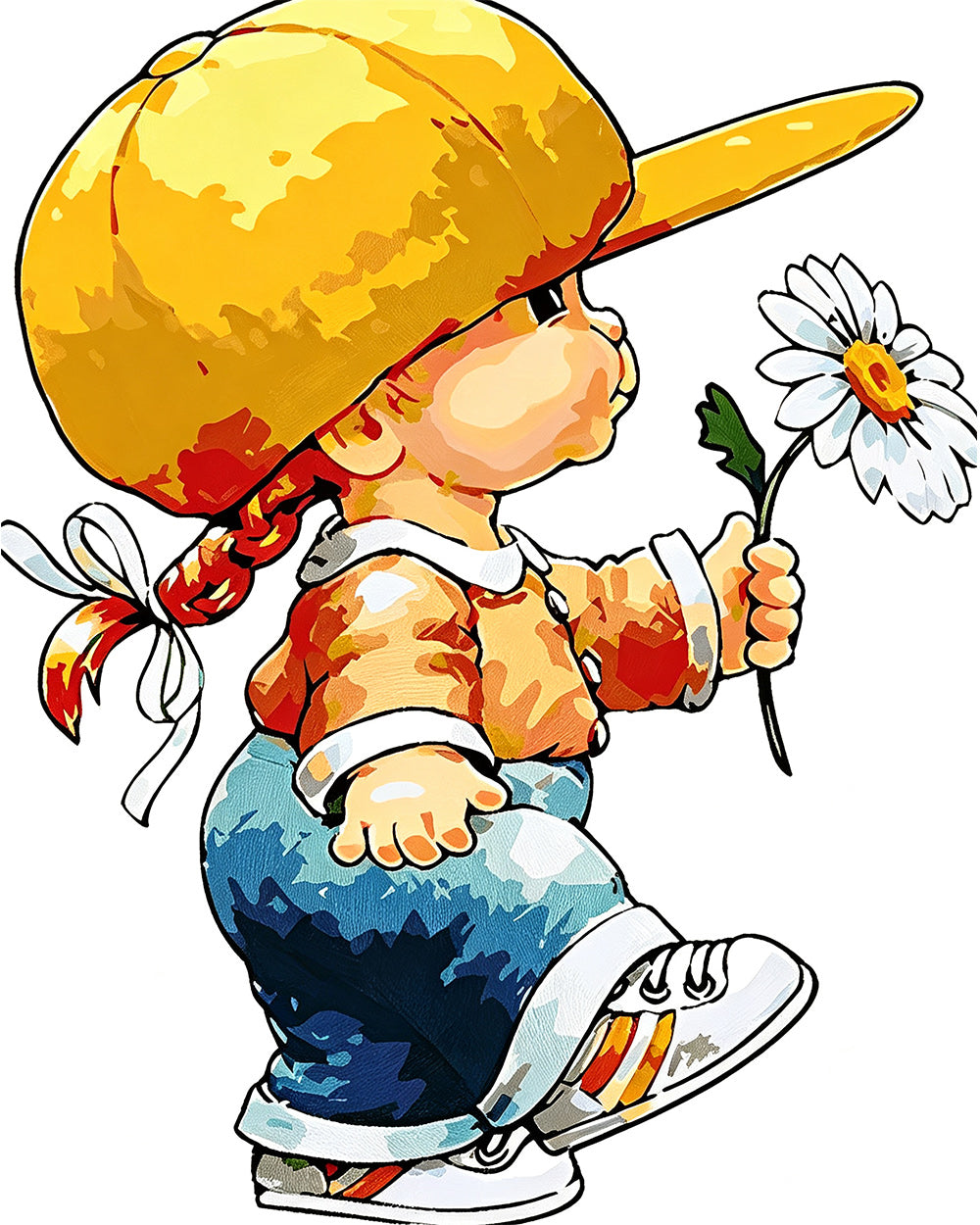 Girl with yellow hat and daisy cross stitch kit for beginners