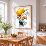 Girl with yellow hat and daisy cross stitch artwork displayed on wall as home decor