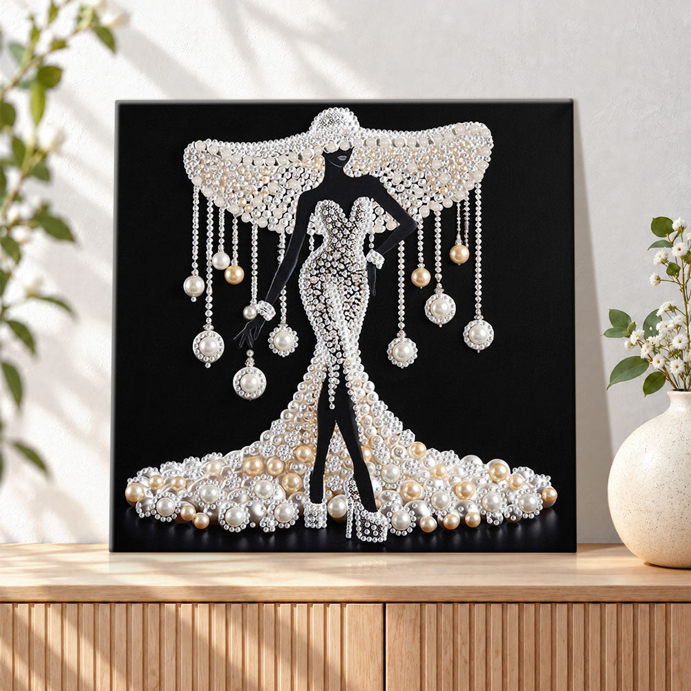 Finished glamour silhouette lady with pearl gown pearl diamond painting artwork displayed as holiday home decor