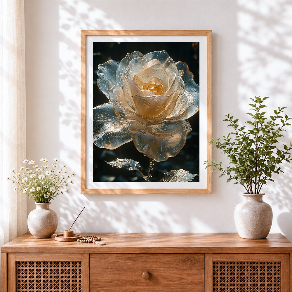 Finished glass rose with water droplets cross stitch artwork displayed