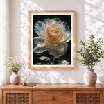 Finished glass rose with water droplets cross stitch artwork displayed