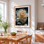Glass rose with water droplets cross stitch artwork displayed on wall as home decor