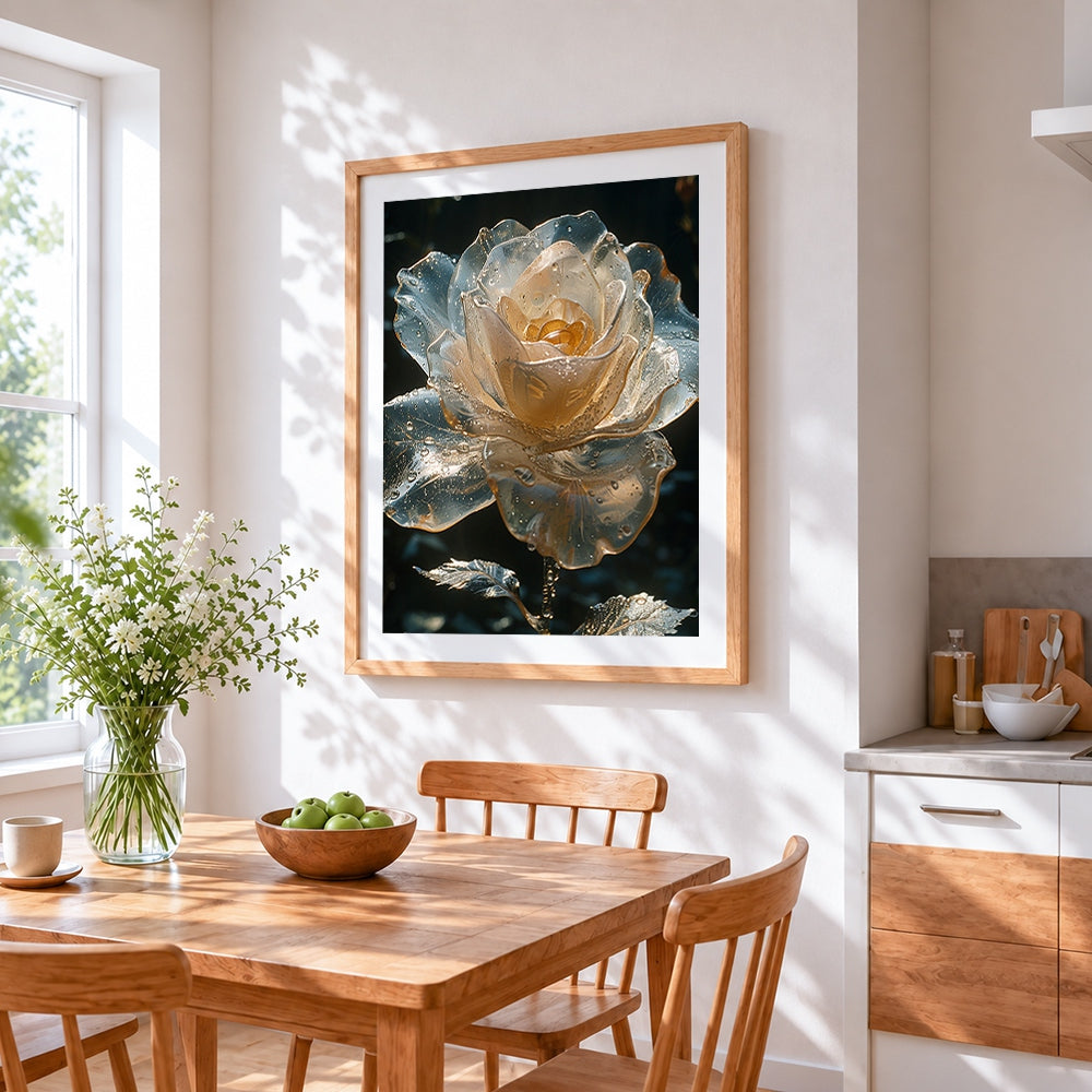 Glass rose with water droplets cross stitch artwork displayed on wall as home decor