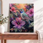 Finished glimmering hummingbird in blooms pearl diamond painting artwork displayed as home decor