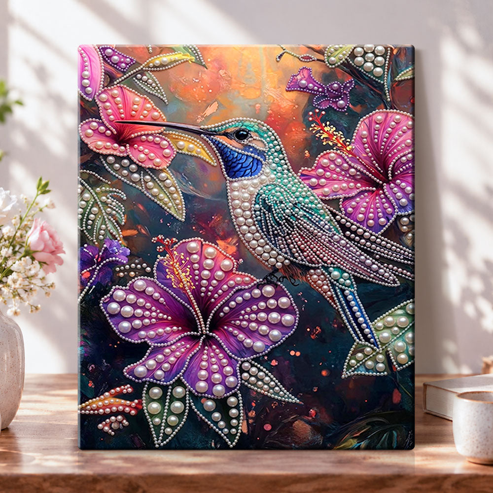 Glimmering hummingbird in blooms pearl diamond painting kit for beginners