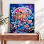 Finished glimmering pearl jellyfish pearl diamond painting artwork displayed as home decor