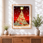 Finished glittering gold christmas tree cross stitch artwork displayed