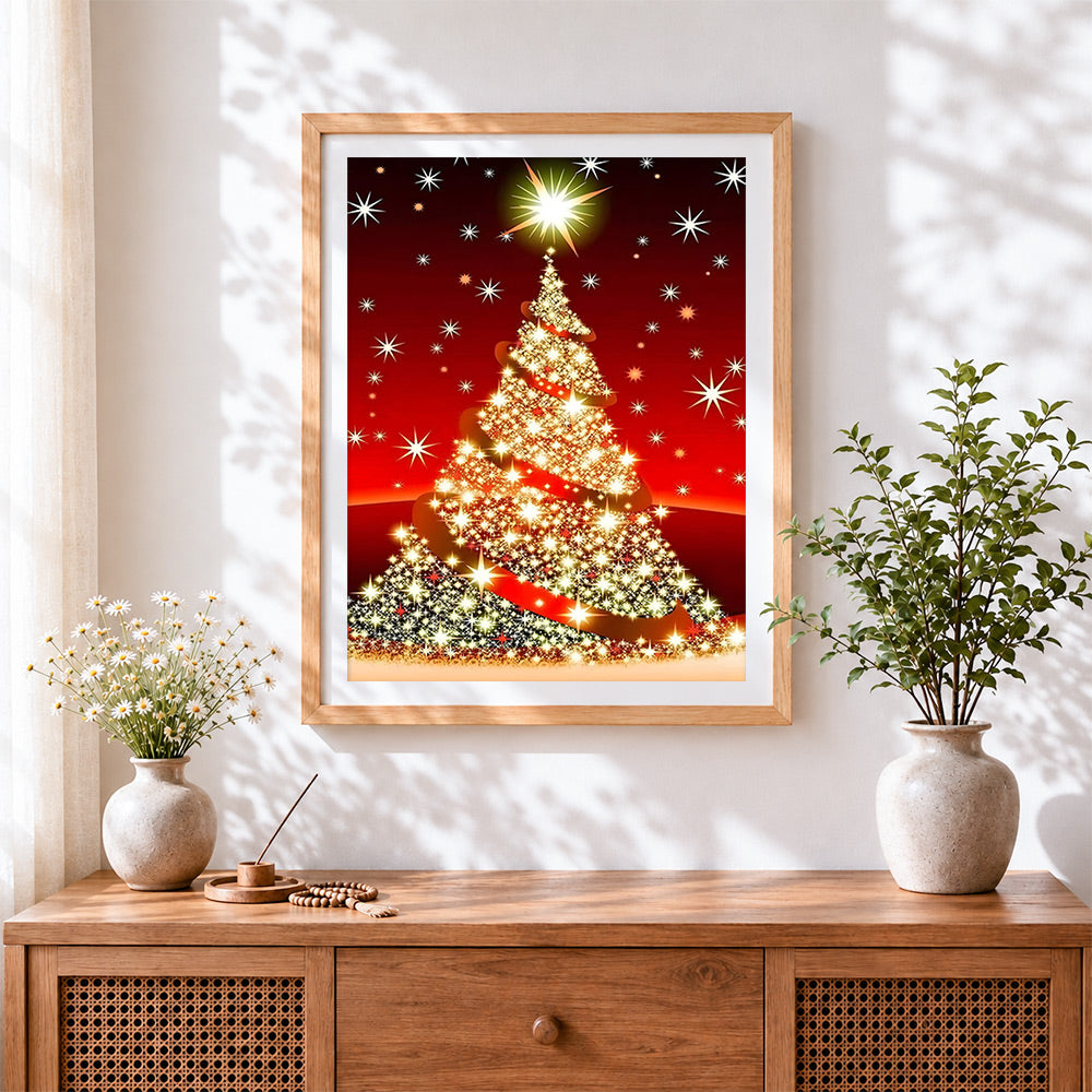 Finished glittering gold christmas tree cross stitch artwork displayed