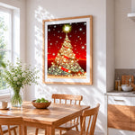 Glittering gold christmas tree cross stitch artwork displayed on wall as home decor