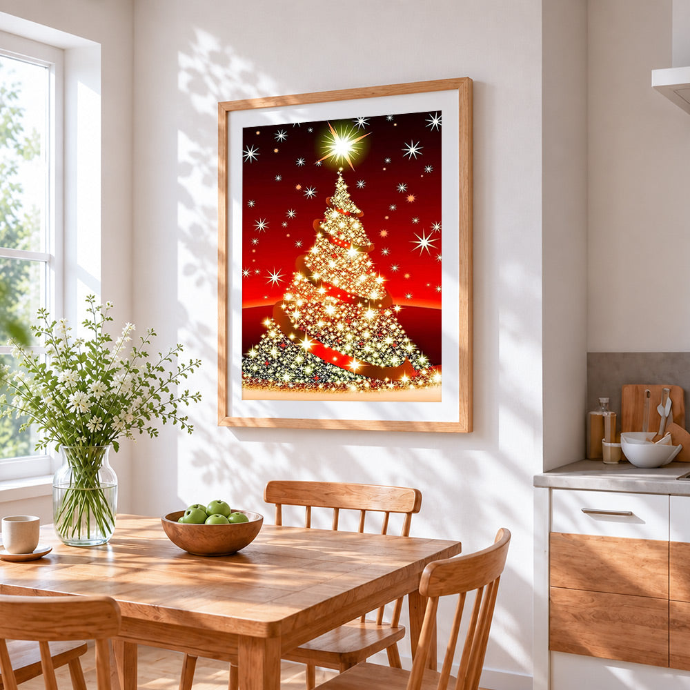 Glittering gold christmas tree paint by numbers artwork displayed on wall as home decor