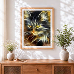 Finished glowing abstract cat cross stitch artwork displayed