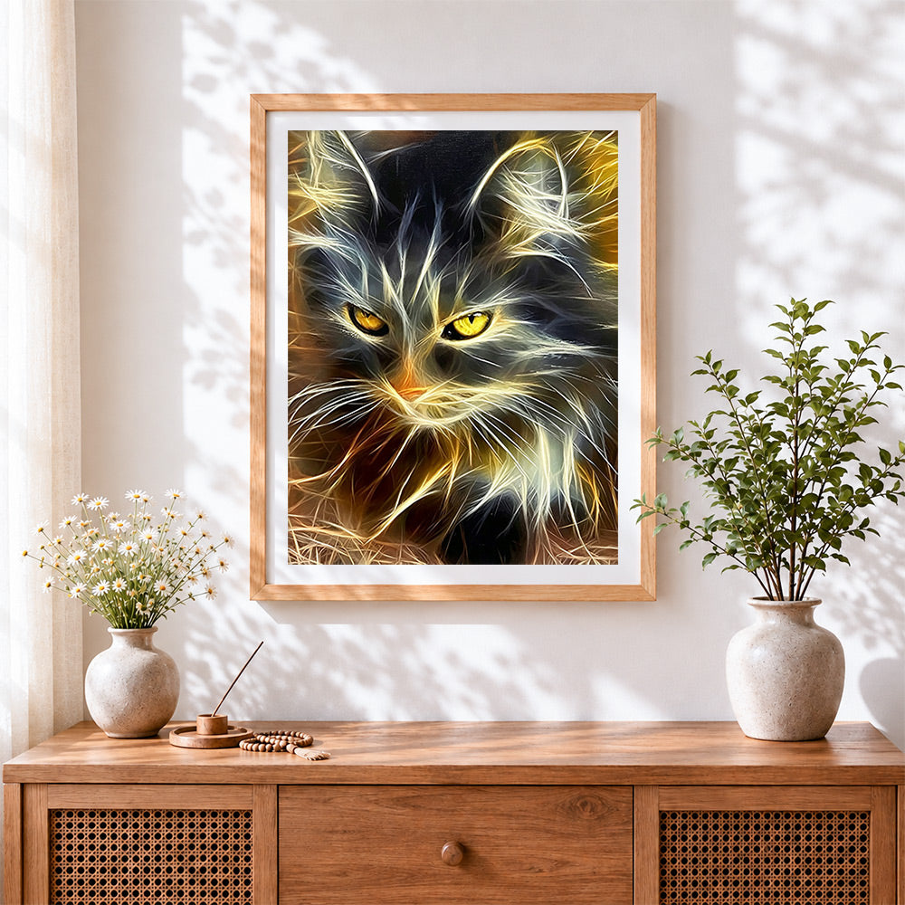 Finished glowing abstract cat cross stitch artwork displayed