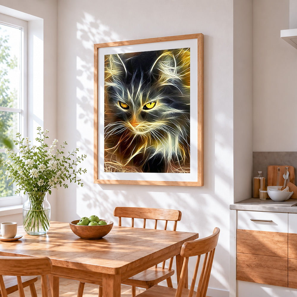 Glowing abstract cat cross stitch artwork displayed on wall as home decor