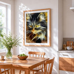 Glowing abstract cat cross stitch artwork displayed on wall as home decor