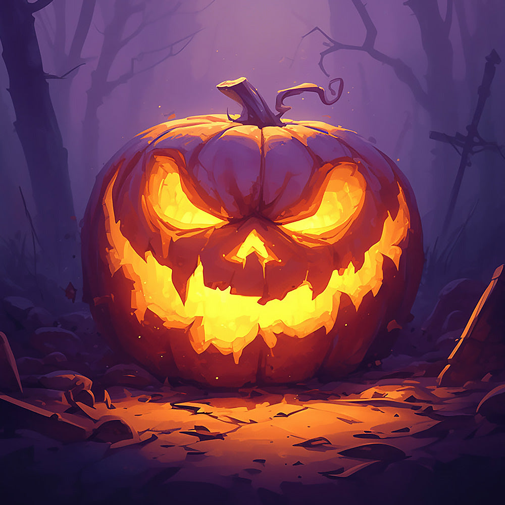 Glowing angry jack-o'-lantern cross stitch kit for beginners