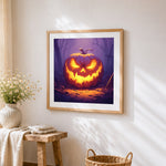Glowing angry jack-o'-lantern cross stitch artwork displayed on wall as home decor